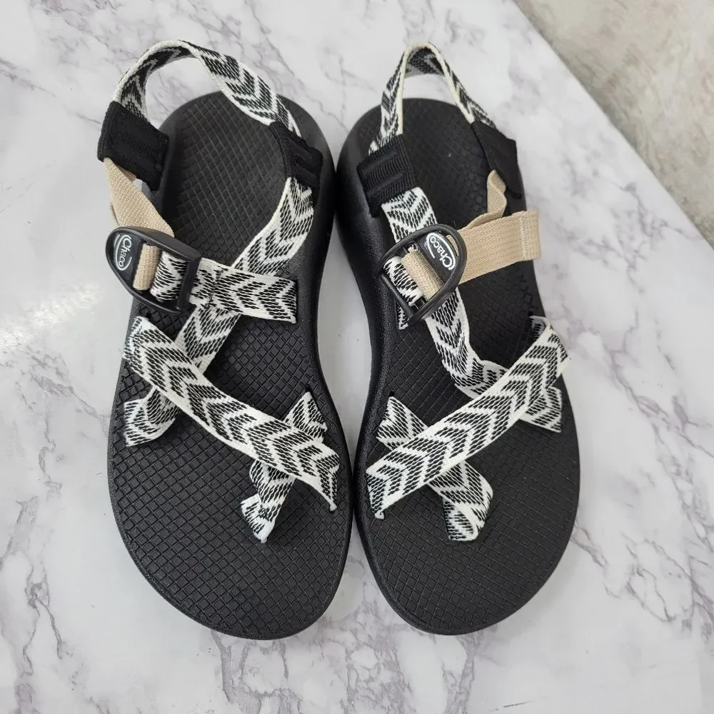 Chaco Women's Black Sandals with White Chevron Straps and Tan Accent